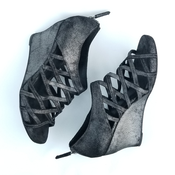 Eileen Fisher Cage Strappy Leather Wedge Sandal Metallic Grey Black Sz 9 - Picture 6 of 13